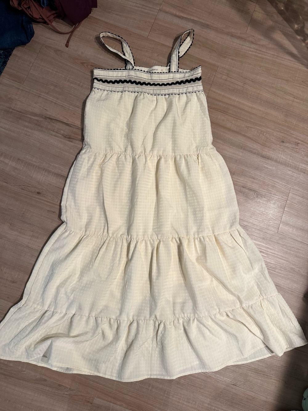 Light Cream Tiered Midi Sundress with Contrast Trim